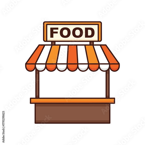 Food stall with orange and white striped awning, 'food' sign, perfect for street food, market, restaurant, takeaway, catering, culinary business, offering accessible art.