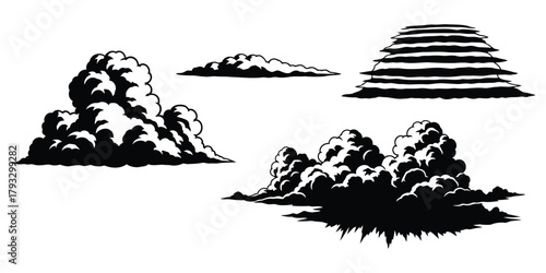 Black and white stylized clouds on white background