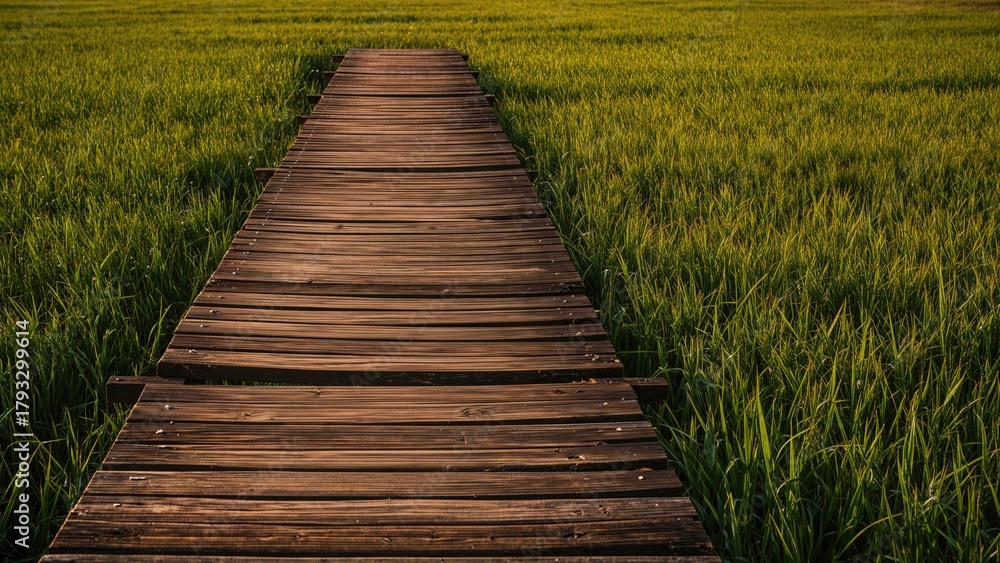 Obraz premium A wooden pathway extending through lush green fields.