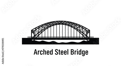 A simple black and white illustration of an arched steel bridge structure