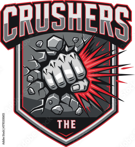 Crushers Mascot Logo – Powerful Fist Breaking Through Rock Esports Team Emblem