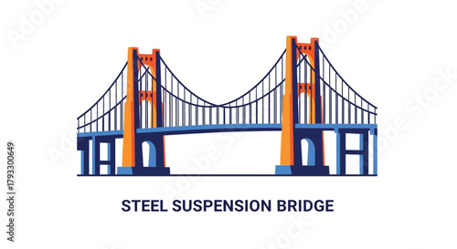 Stylized illustration of a golden gate inspired steel suspension bridge structure