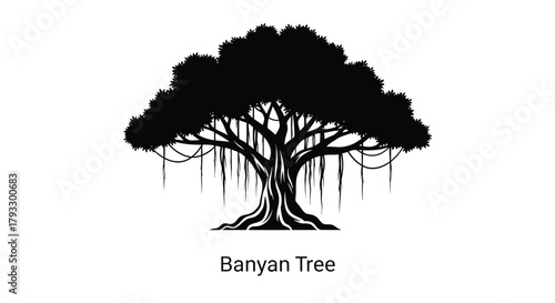 A striking black and white illustration of a majestic banyan tree