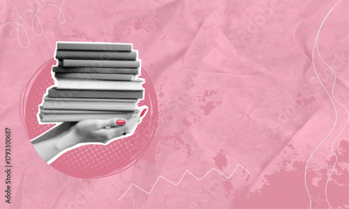 A trendy halftone pop art collage featuring a stack of books in hand. Education and learning concept.