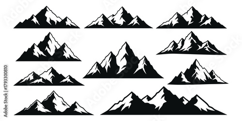 Nine black and white mountain silhouettes on white background