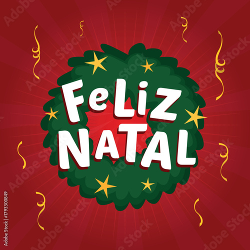 christmas poster banner lettering wreath red background portuguese text feliz natal