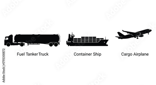 Silhouettes of a fuel tanker truck container ship and cargo airplane
