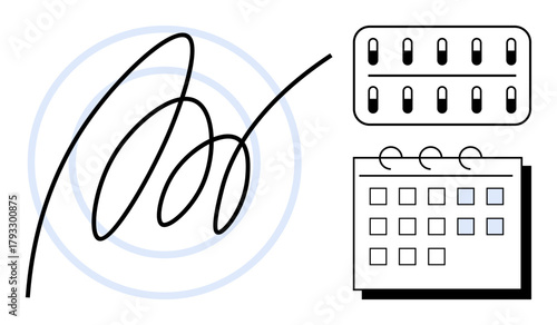Cursive signature with a blister pack of pills and a marked calendar for medication scheduling. Ideal for health tracking, prescription adherence, pharmacy reminders, planning, medical care, wellness