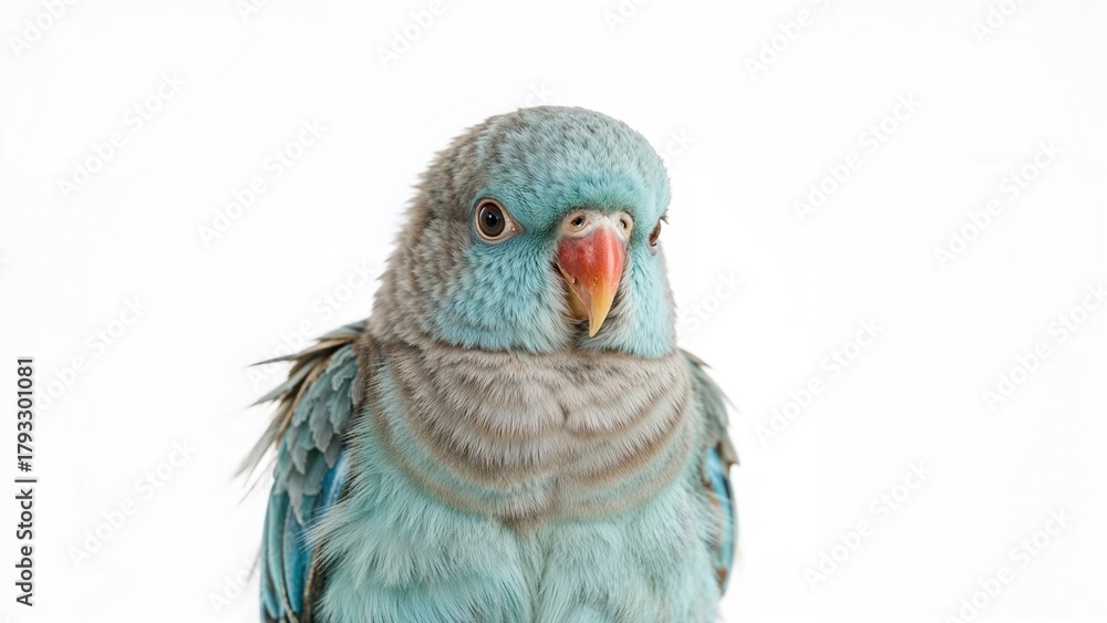 Obraz premium Close-up of a parrot with blue and gray feathers, showing a detailed view of its face and beak against a white background.