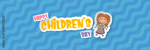 World childrens day wide banner with little funny cute girl isolated on abstract blue background. Vector happy world childrens day poster concept with funny cartoon smiling child. 20 november kids day