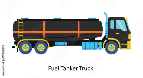 Illustration of a black and yellow fuel tanker truck side view