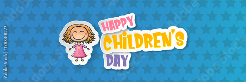 World childrens day wide banner with little funny cute girl isolated on abstract blue background. Vector happy world childrens day poster concept with funny cartoon smiling child. 20 november kids day
