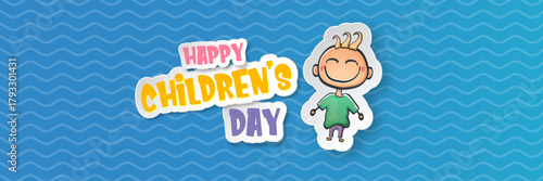 World childrens day wide banner with little funny cute boy isolated on abstract blue background. Vector happy world childrens day poster concept with funny cartoon smiling child. 20 november kids day