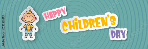 World childrens day wide banner with little funny cute boy isolated on abstract blue background. Vector happy world childrens day poster concept with funny cartoon smiling child. 20 november kids day