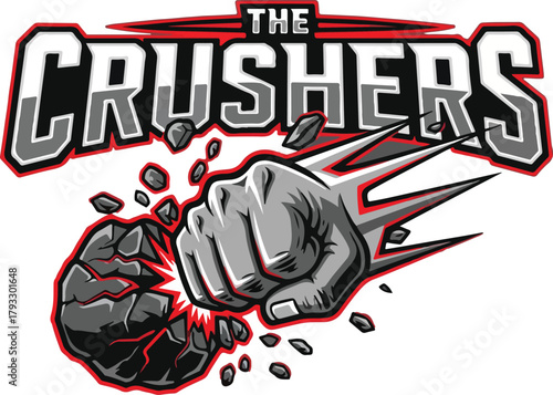 Crushers Mascot Logo – Powerful Fist Breaking Through Rock Esports Team Emblem