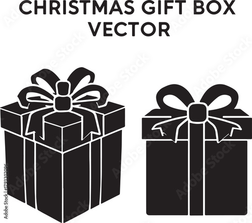 Two black silhouette Christmas gift boxes one angled and one frontal with bows on a white background Keywords: Christmas, gift, box, present, holiday, celebration, festive, bow, ribbon, surprise