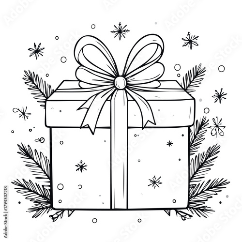 AI Generated Line Art Christmas Gift Box with Bow, Fir Branches and Snowflakes. Holiday Season Vector Illustration.