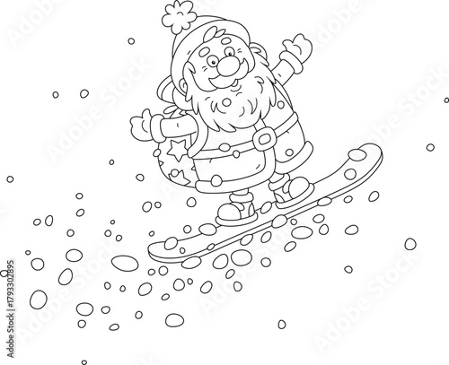 Santa Claus snowboarder flying with Christmas gifts in his magic bag, black and white vector cartoon illustration for a coloring book