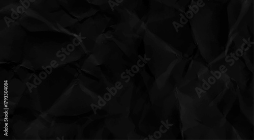 black fabric background. Crumpled paper texture realisric vector illustration. Black blank sheet with wrinkle and crease effect. 