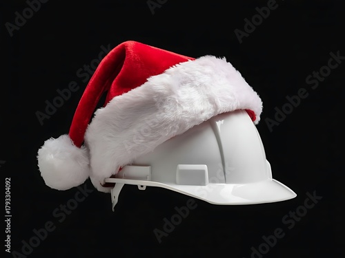 White hard hat wearing a santa hat on a black background for christmas