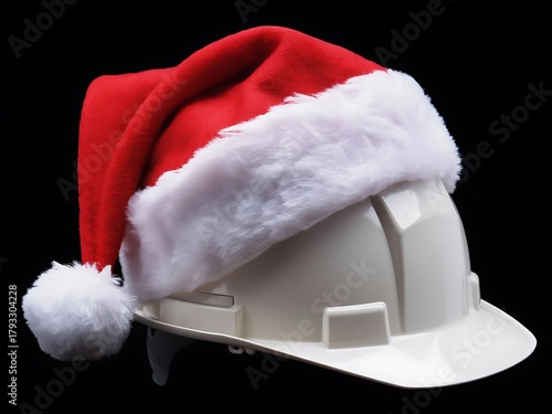 Santa hat on a construction helmet against a black background for christmas