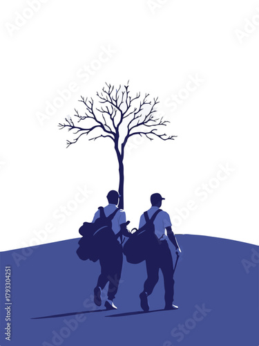 Golfer with caddie walking on golf course vector illustration