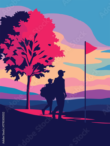 Golfer with caddie walking on golf course vector illustration