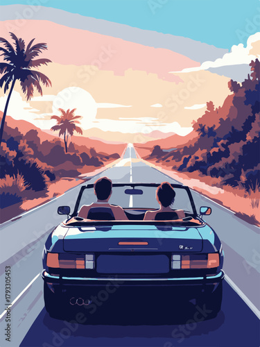 Couple road trip sunset beach vector