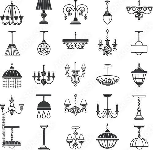 Black vintage chandelier icon set illustration vector design collection