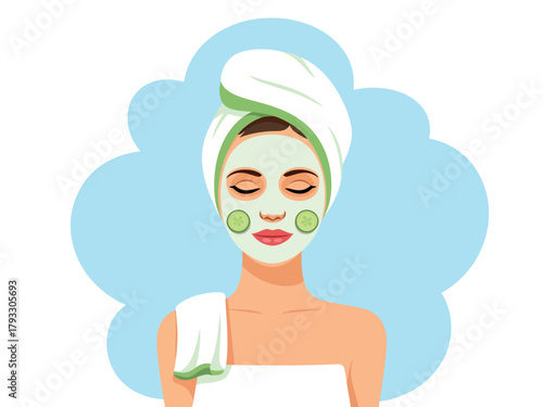 A woman with a face mask and cucumber slices on her eyes relaxes.