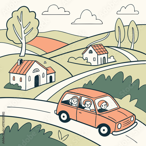 Illustration of a car with passengers driving through a landscape with houses and trees on a sunny day