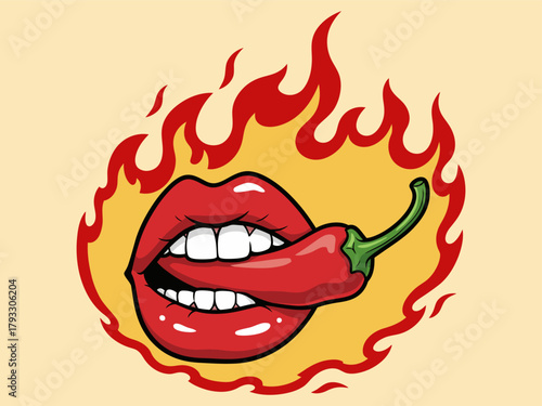 Hot Lips Biting Red Chili Pepper — Spicy Pop Art Vector with Flames