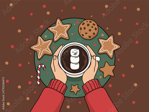 Cozy Winter Hot Chocolate with Snowman Marshmallow and Christmas Cookies – Festive Holiday Illustration