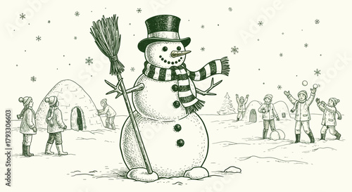 Charming winter scene featuring snowman, igloos, and children playing in the snow, perfect for holiday cards, winter promotions, and festive designs