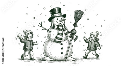Playful winter scene of children building a snowman, enjoying snowy weather and seasonal fun, perfect for holiday cards, gift tags, and winter-themed designs