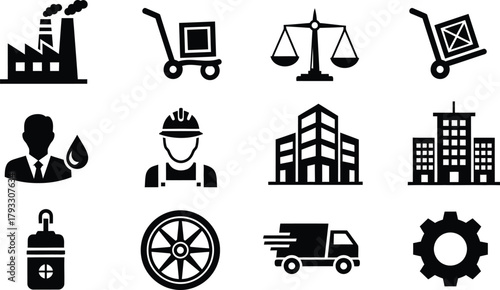 Collection of industrial and business icons representing manufacturing logistics and commerce