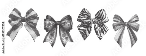 Set of monochrome vector bows in stippling technique with vintage grunge and punk retro style, detailed hand-drawn ribbon elements resembling photocopy texture for design and decoration projects