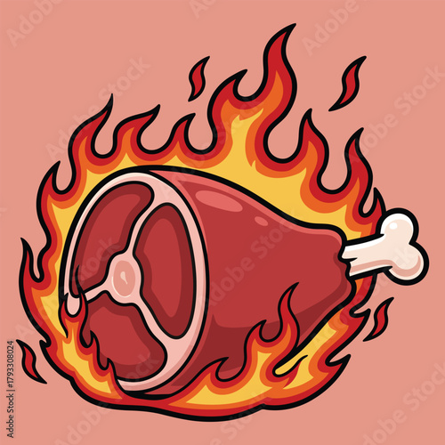 Hot Flaming Meat Illustration – Spicy Grilled Pork Cartoon Vector