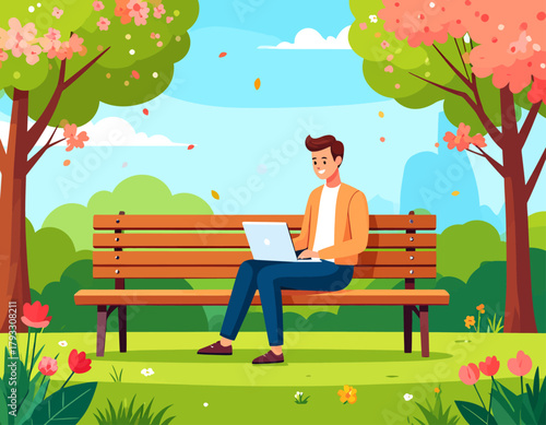 A man sits on a park bench under flowering trees, working on his laptop in a serene outdoor setting.