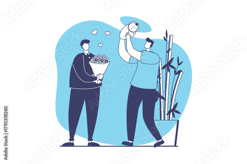 LGBTQ couple web concept with flat people for website design. Two gay men parenting baby boy, young homosexual family adopting child, living together in happy relationship. Vector illustration.