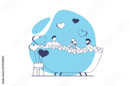 LGBTQ couple web concept with flat people for website design. Two gay men nursing dating and spending romantic time, relaxing in bubble bath together and drinking, celebrating. Vector illustration.