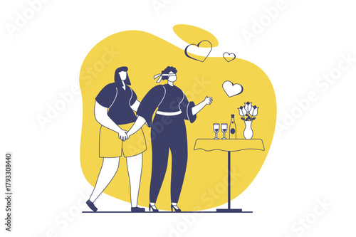 LGBTQ couple web concept with flat people for website design. Two lesbian women dating and spending romantic time together. Girlfriends go on surprise date with champagne drink. Vector illustration.