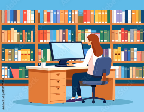 Illustration of a woman working at a computer desk in front of a large bookshelf filled with colorful books.