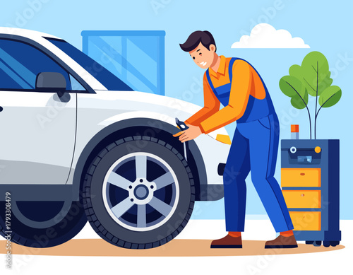 A mechanic in blue overalls inspects the front tire of a white car in a garage setting, with tools nearby.