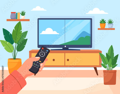 Illustration of a hand holding a remote control pointed at a television displaying a landscape scene in a cozy living room setting.