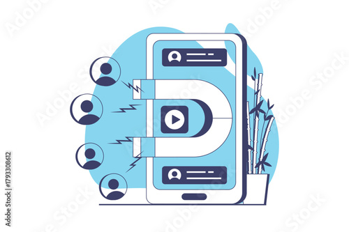 Marketing web concept with flat people for website design. Advertising campaigns with sharing information, attracting audience online, clients interacting with posts at apps. Vector illustration.