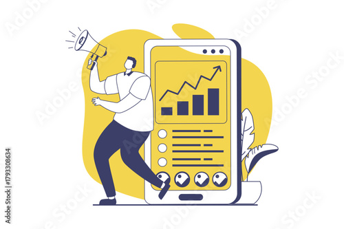 Marketing web concept with flat people for website design. Man with megaphone announcing promo information, attracting audience online, increasing followers statistic and rating. Vector illustration.