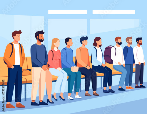 A group of diverse people are waiting, some sitting and some standing, in a brightly lit waiting area with blue accents.