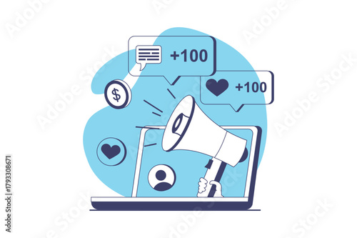 Marketing web concept with flat people for website design. Advertising campaigns with viral posts, attracting audience online, increasing followers and influencing clients. Vector illustration.