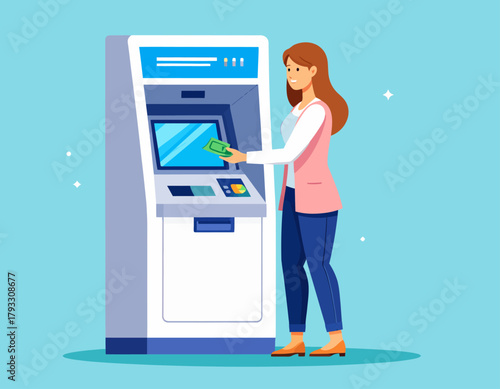 A woman is withdrawing money from an ATM machine; she is holding banknotes in her hand.